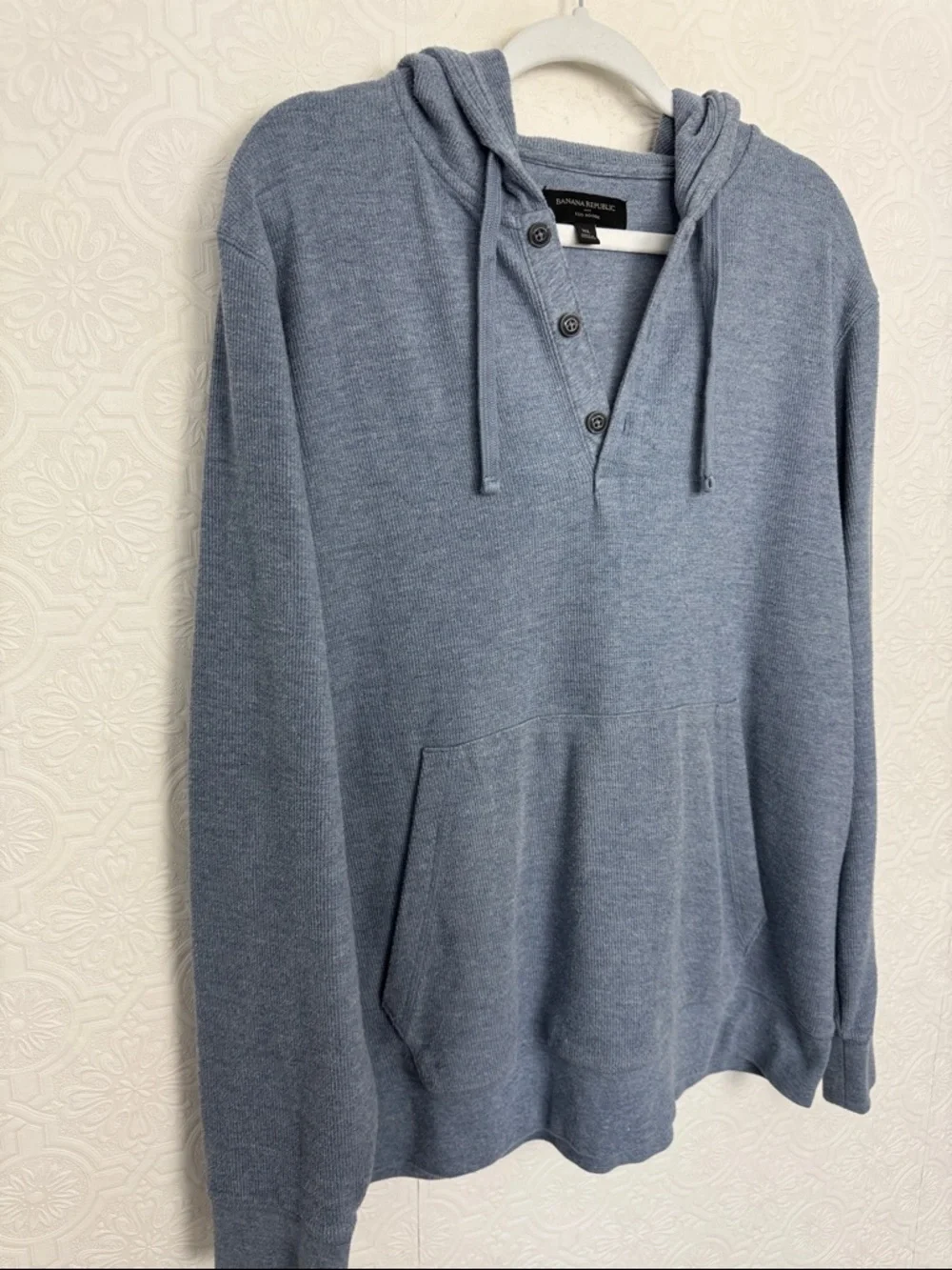 Banana‎ Republic Eco Hoodie Mens XL Blue Knit Pullover Henley Hooded Sweater